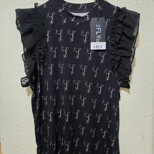2FLY Black Ruffle Sleeve With Saddles Women's Top